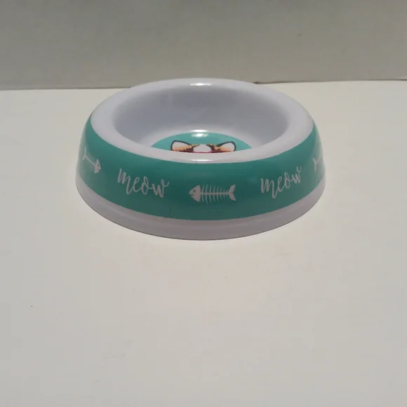 Cat Bowl with Fun Design - White and Teal - Picture 2 of 4